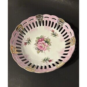 Vintage Lefton Hand Painted 8 1/4" Porcelain Reticulated Bread bowl, candy dish